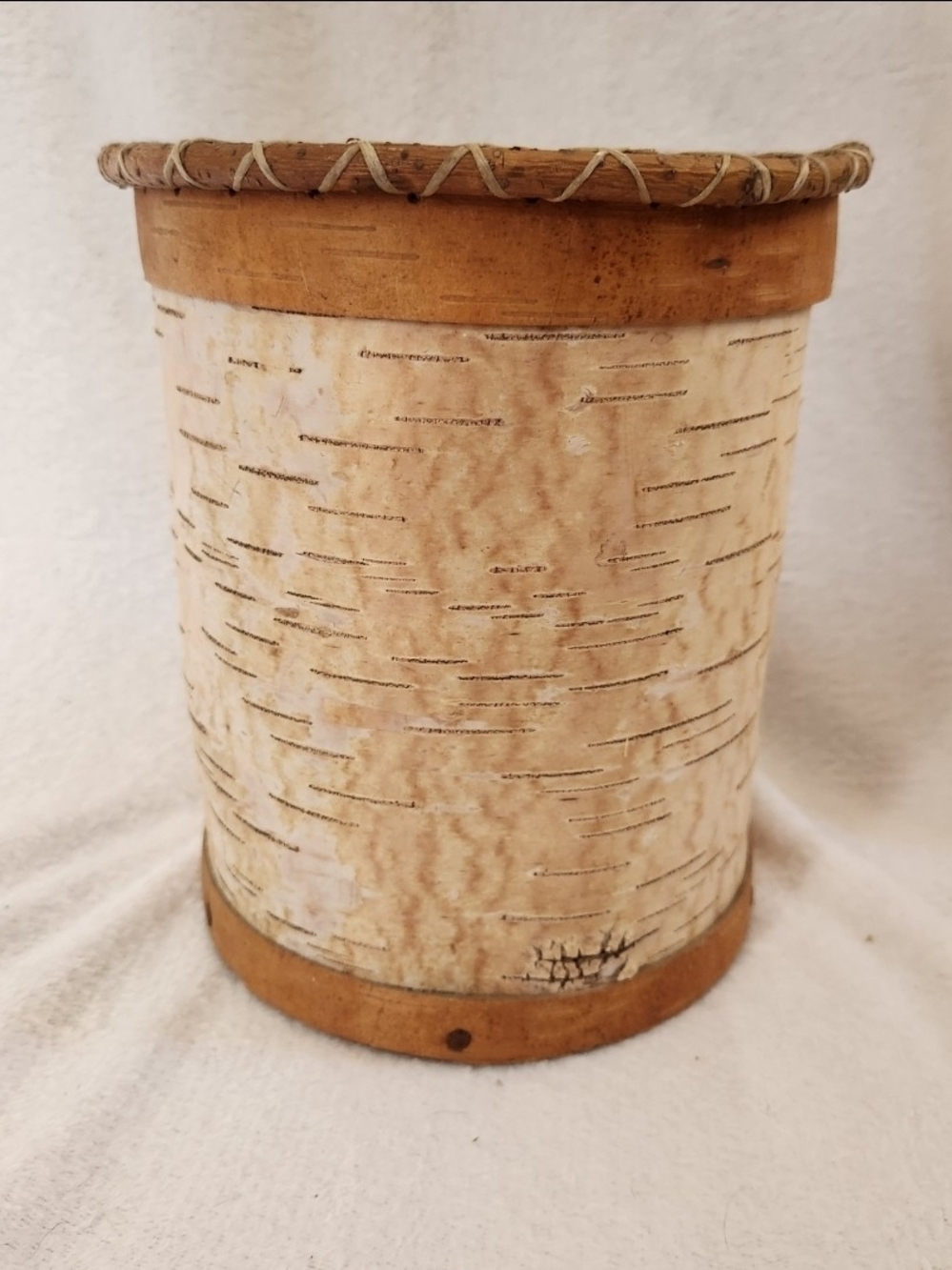 Vintage Birch Bark Basket Cylindrical 9 Inches Handcrafted Rustic Brown White